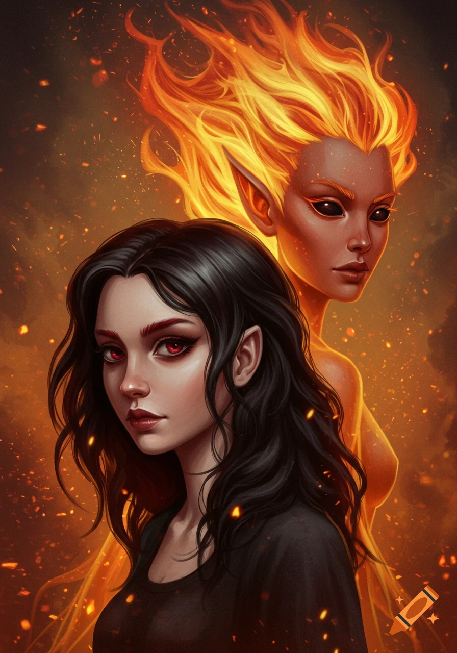 A stylized digital painting of two fantasy women; one with dark hair and red eyes in the foreground, and a fire spirit with flaming hair and black eyes behind her.