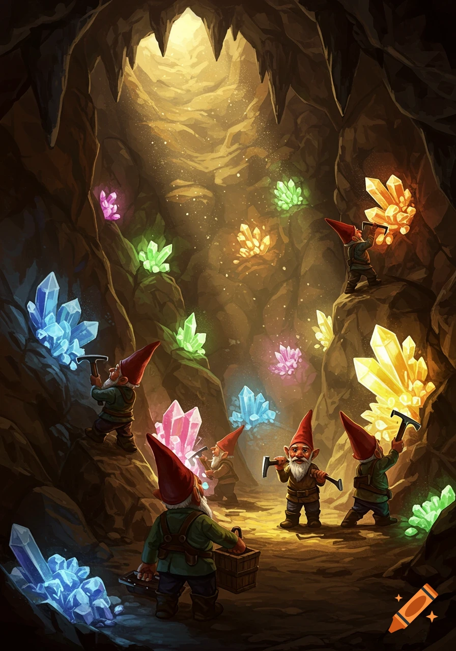 Illustrative fantasy scene of gnomes mining colorful glowing crystals in a dark cave.