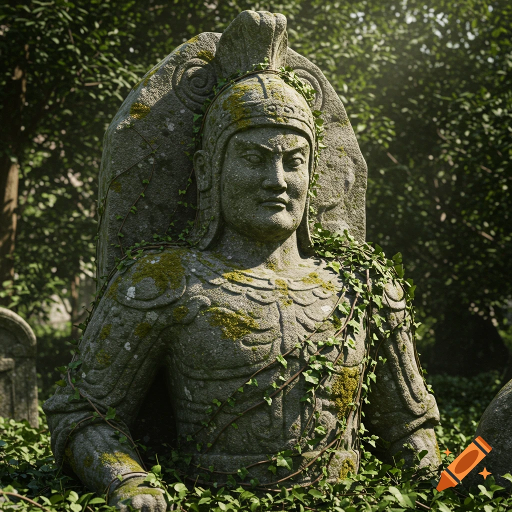 An ancient, moss-covered stone statue of a warrior or deity, entwined with ivy, in a lush green forest.