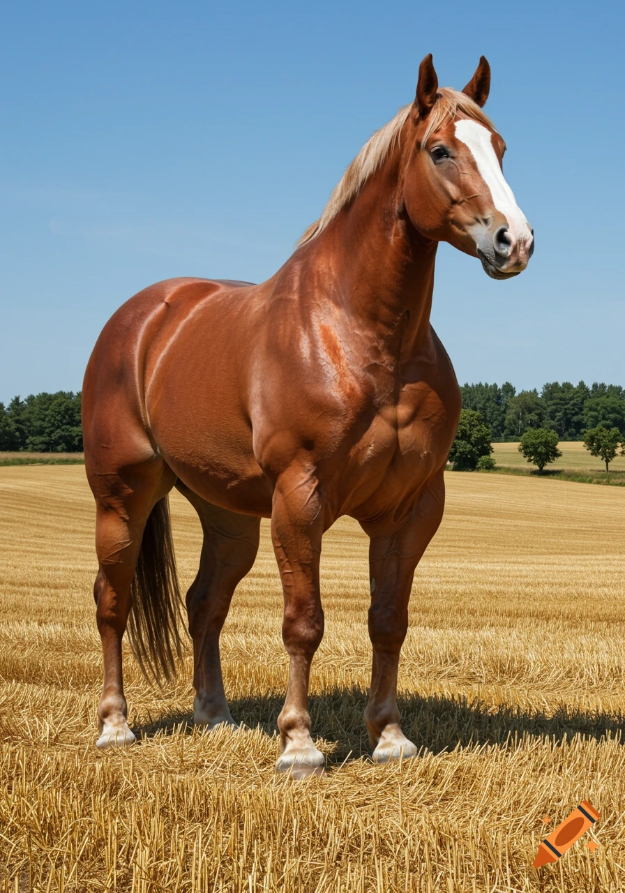 A muscular brown horse with a white blaze and blonde mane stands in a harvested golden field under a clear blue sky.