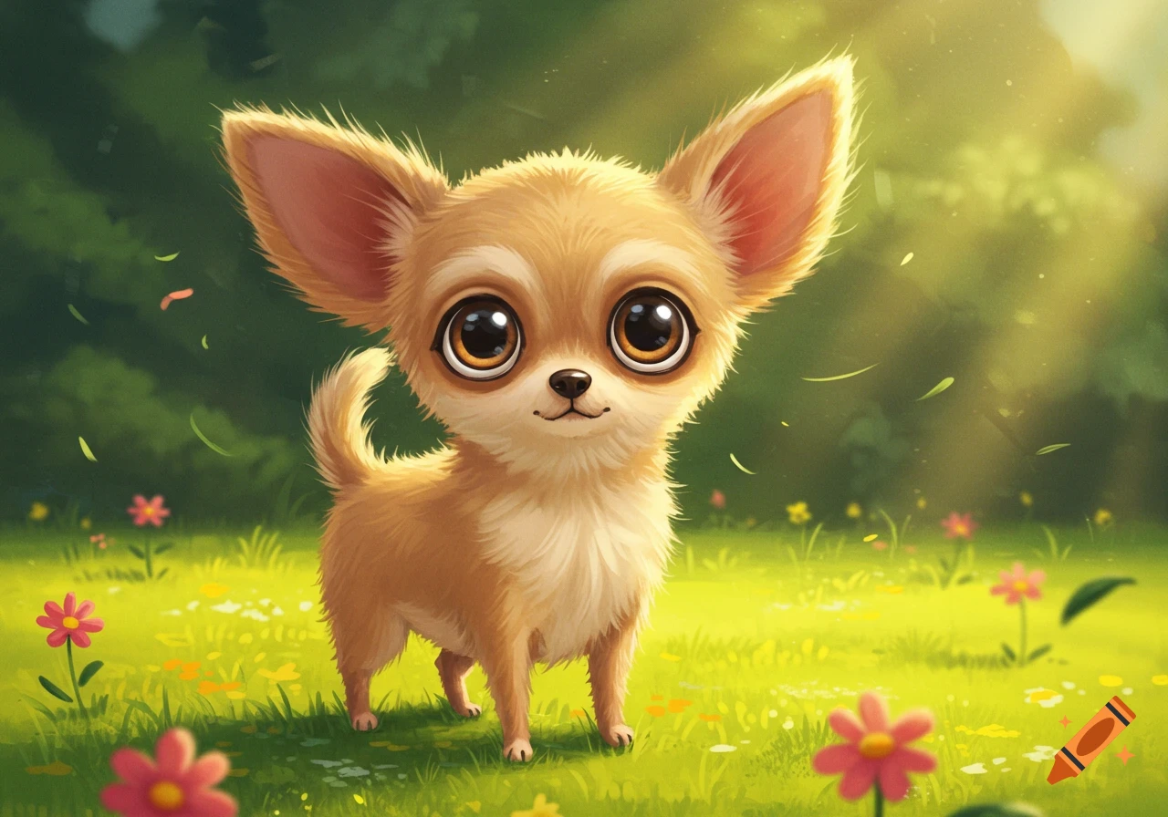 A cute, big-eyed, tan chihuahua puppy stands in a sunny green field with small pink and yellow flowers.