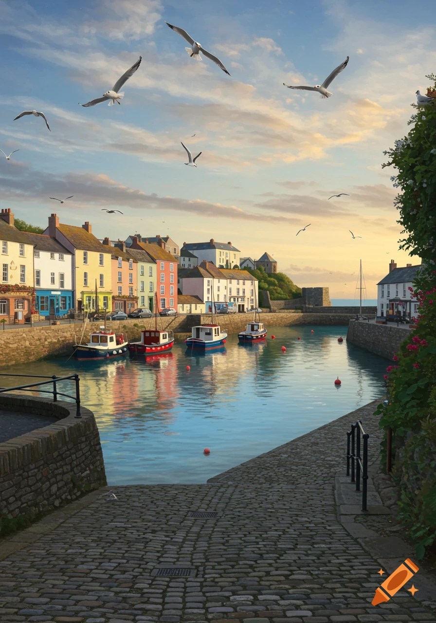 A picturesque harbor scene with colorful buildings, fishing boats, and seagulls flying under a warm, cloudy sky.