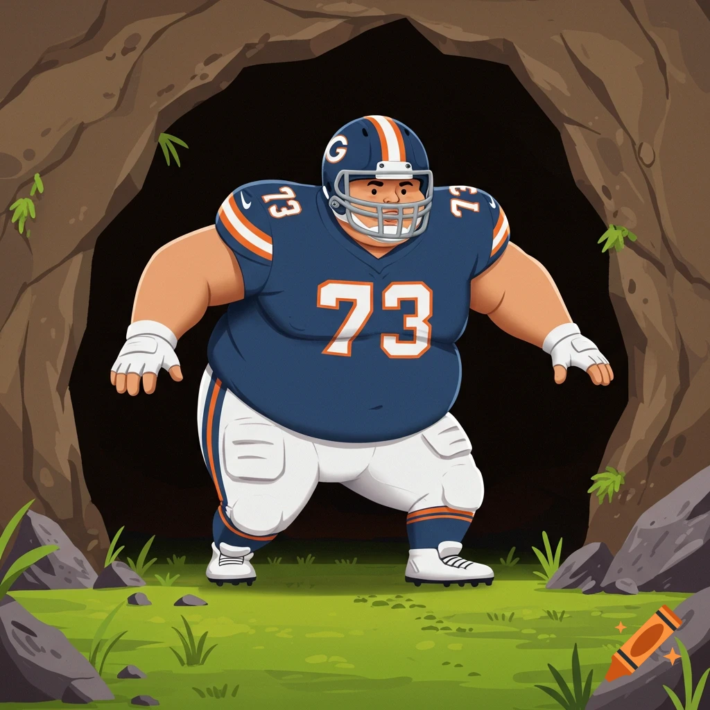 Vector cartoon of a portly NFL lineman in a football uniform, wedged in a cave entrance with green grass and rocks.