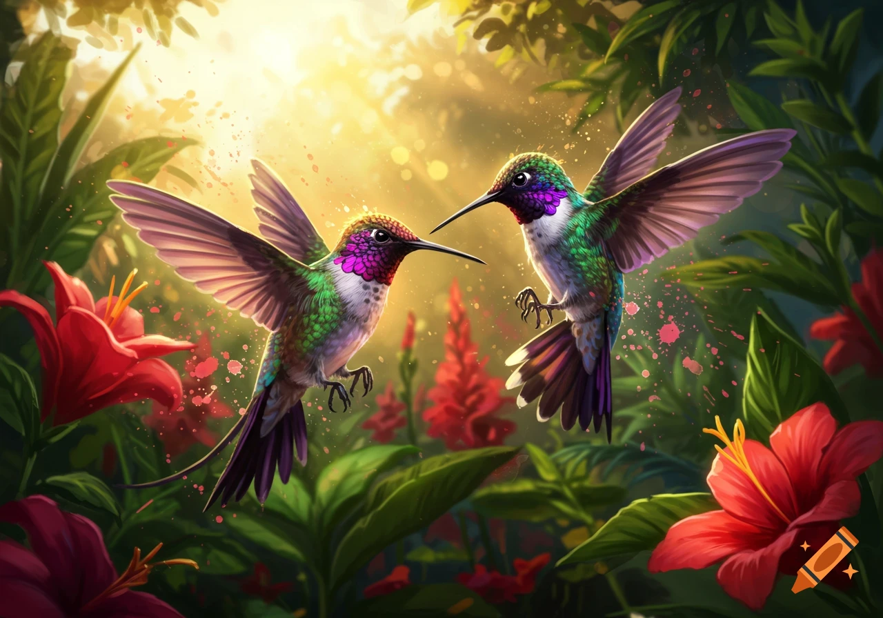 Two vibrantly colored hummingbirds hover amidst lush green foliage and bright red flowers in a sunlit jungle scene.