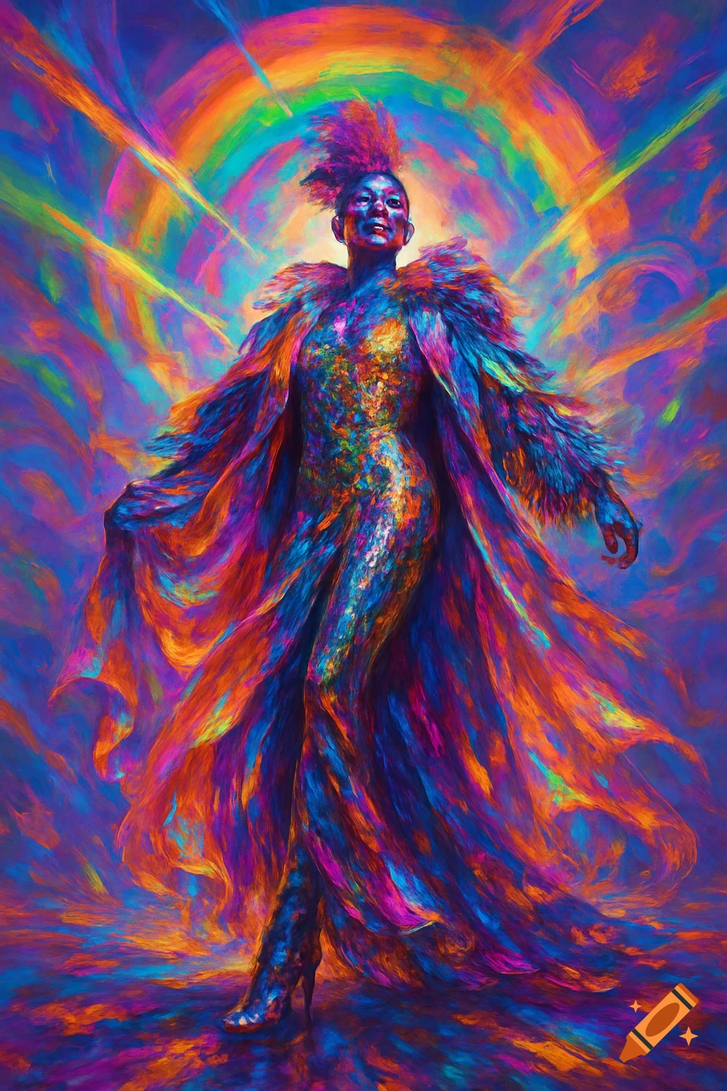 A vibrant, rainbow-colored figure in an elaborate feathery coat and high heels walks against a swirling, abstract background.