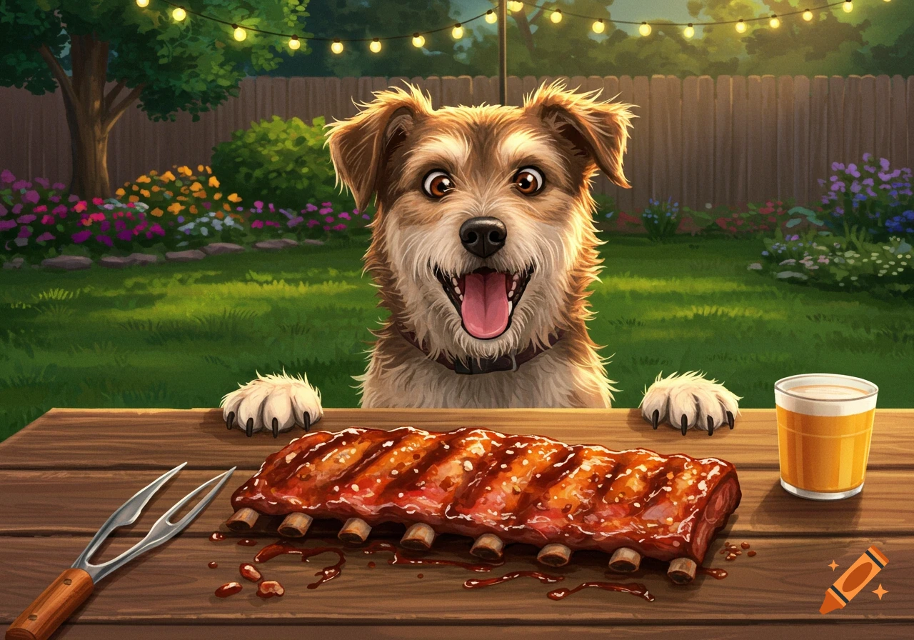 An excited shaggy dog peeks over a table at a rack of barbecue ribs and a drink in an illustrated backyard setting.