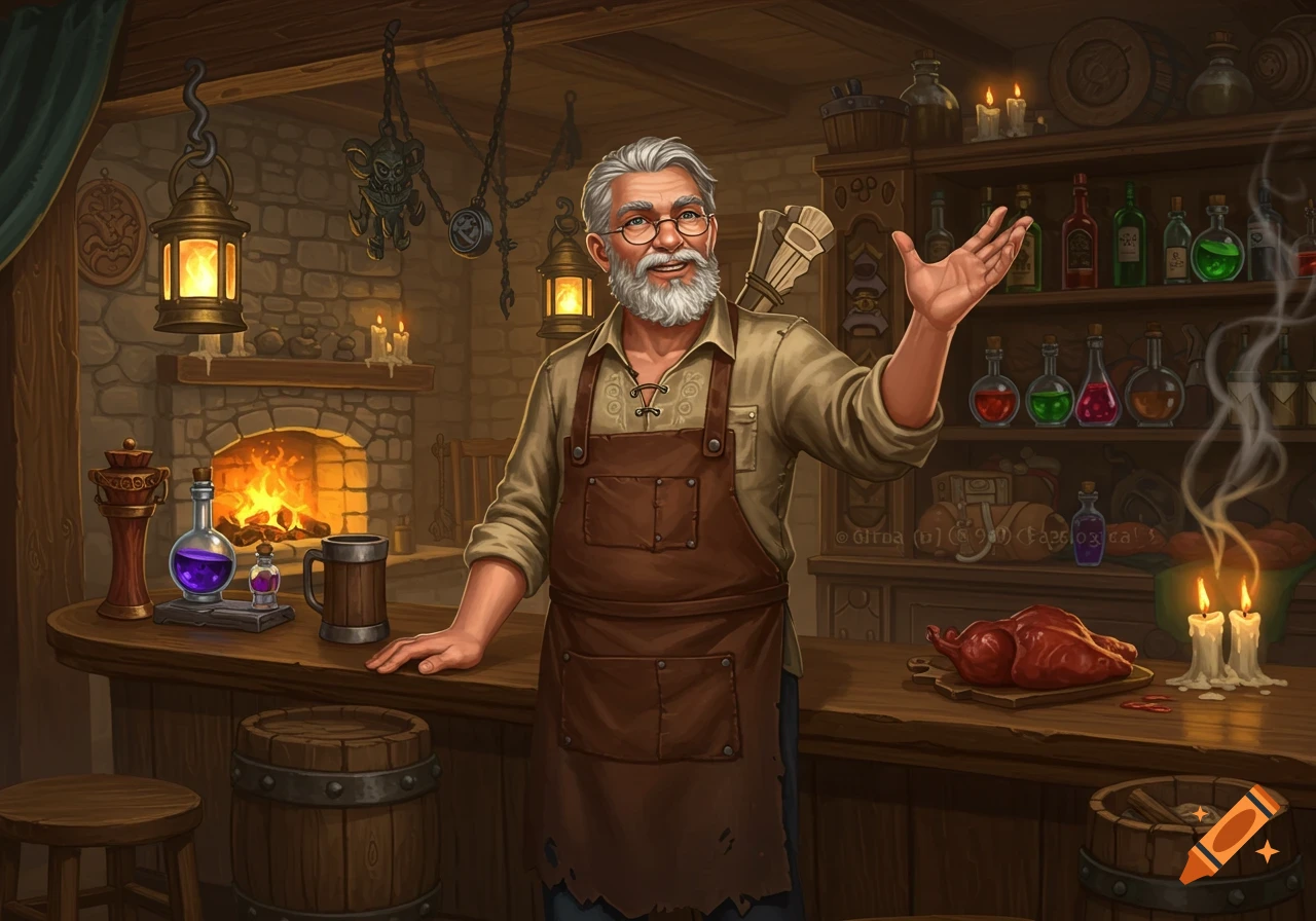 A friendly, bearded fantasy innkeeper in an apron stands behind a counter in a cozy, warmly lit inn with a fireplace and potions.
