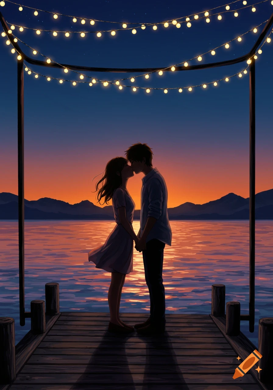 Anime couple kissing on a dock at sunset under string lights, holding hands, with a lake and mountains in the background.