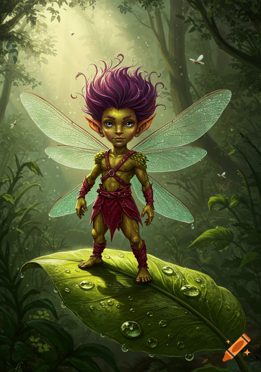 A small male pixie with moss-colored skin, purple hair, and dragonfly wings, wearing red and brown clothes, stands on a green leaf in a lush forest.