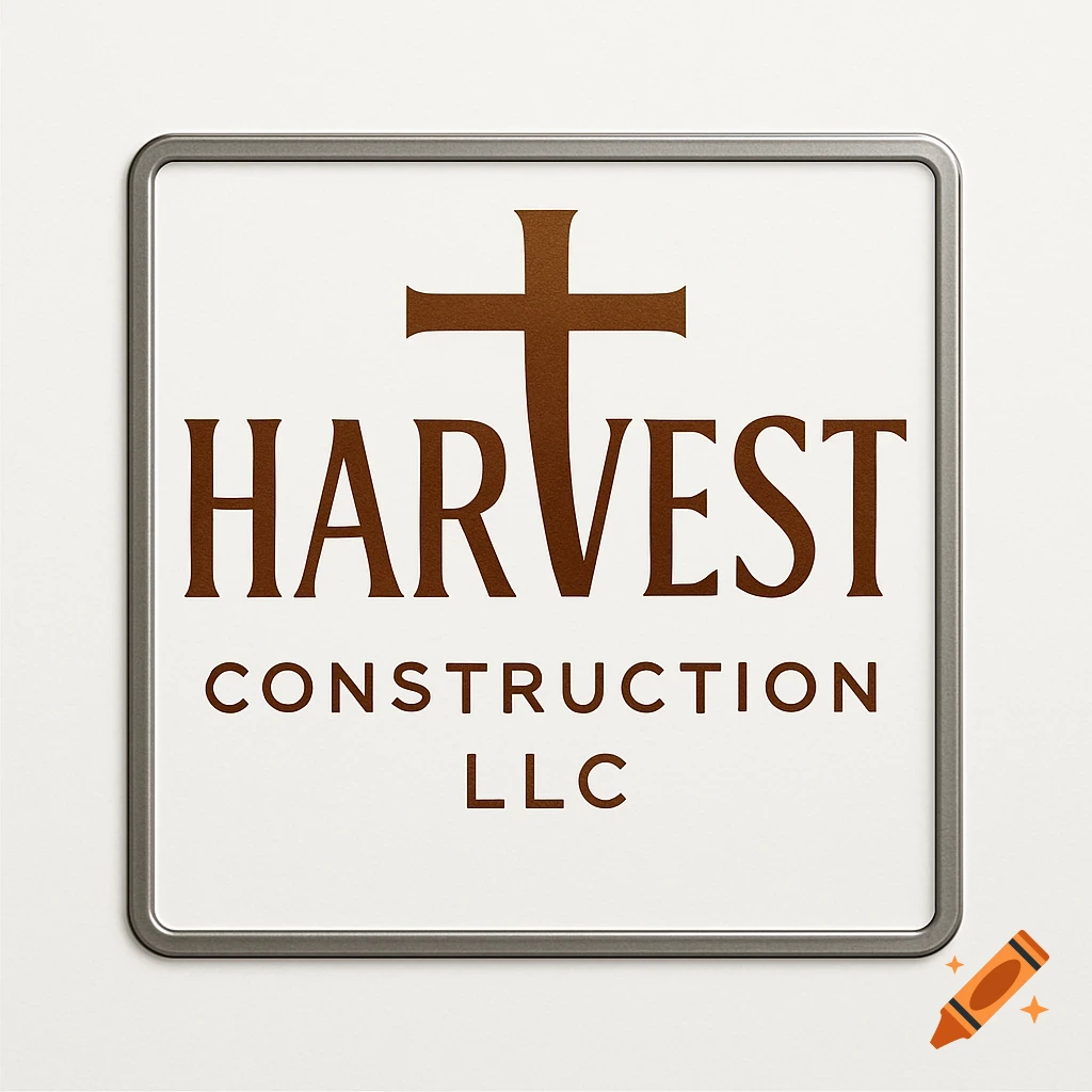 Logo for Harvest Construction LLC with a brown cross forming the 'T' in Harvest.