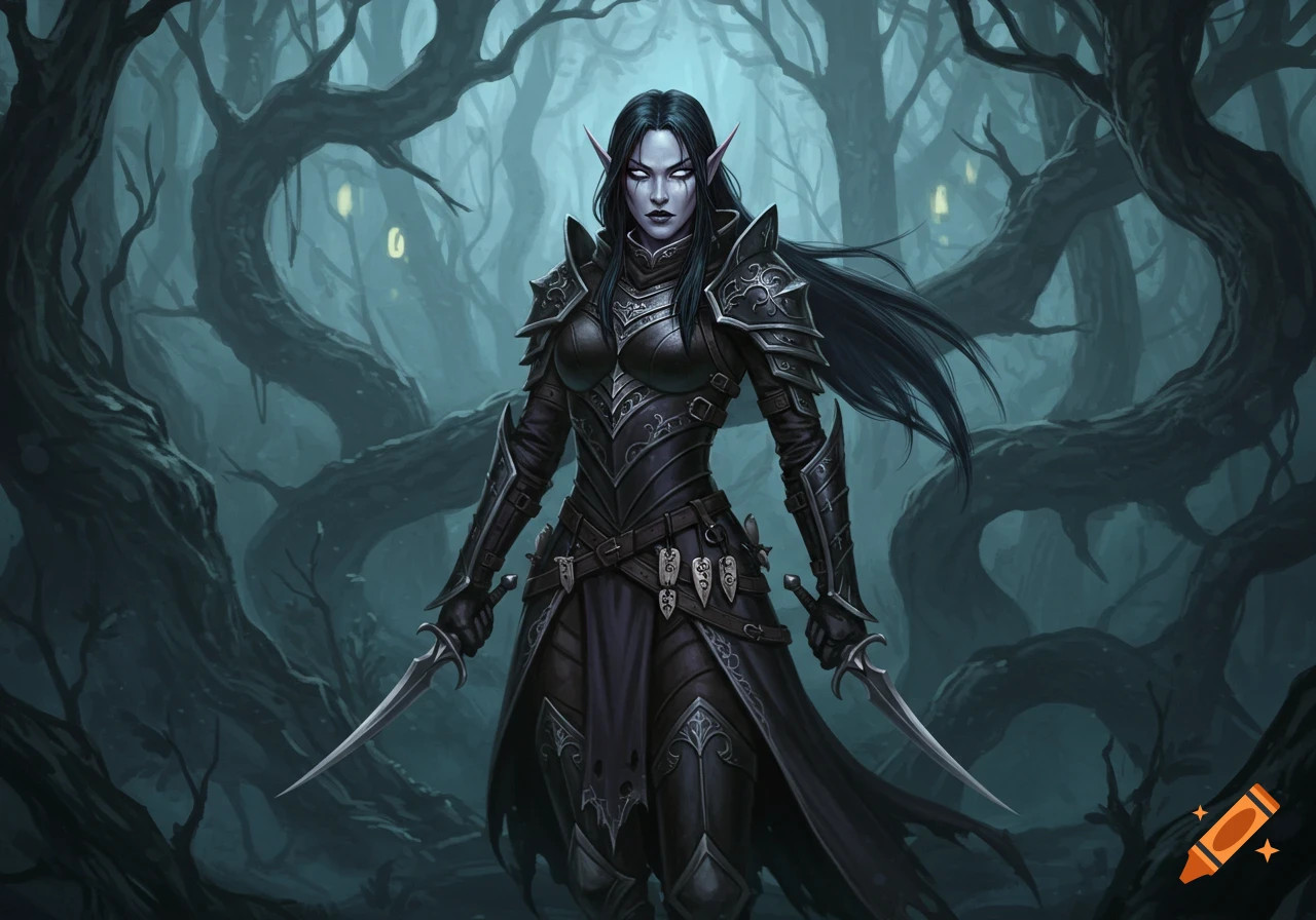 A female Shadar-kai elf in dark leather armor stands in a twisted, shadowy forest, holding two daggers, in a fantasy art style.
