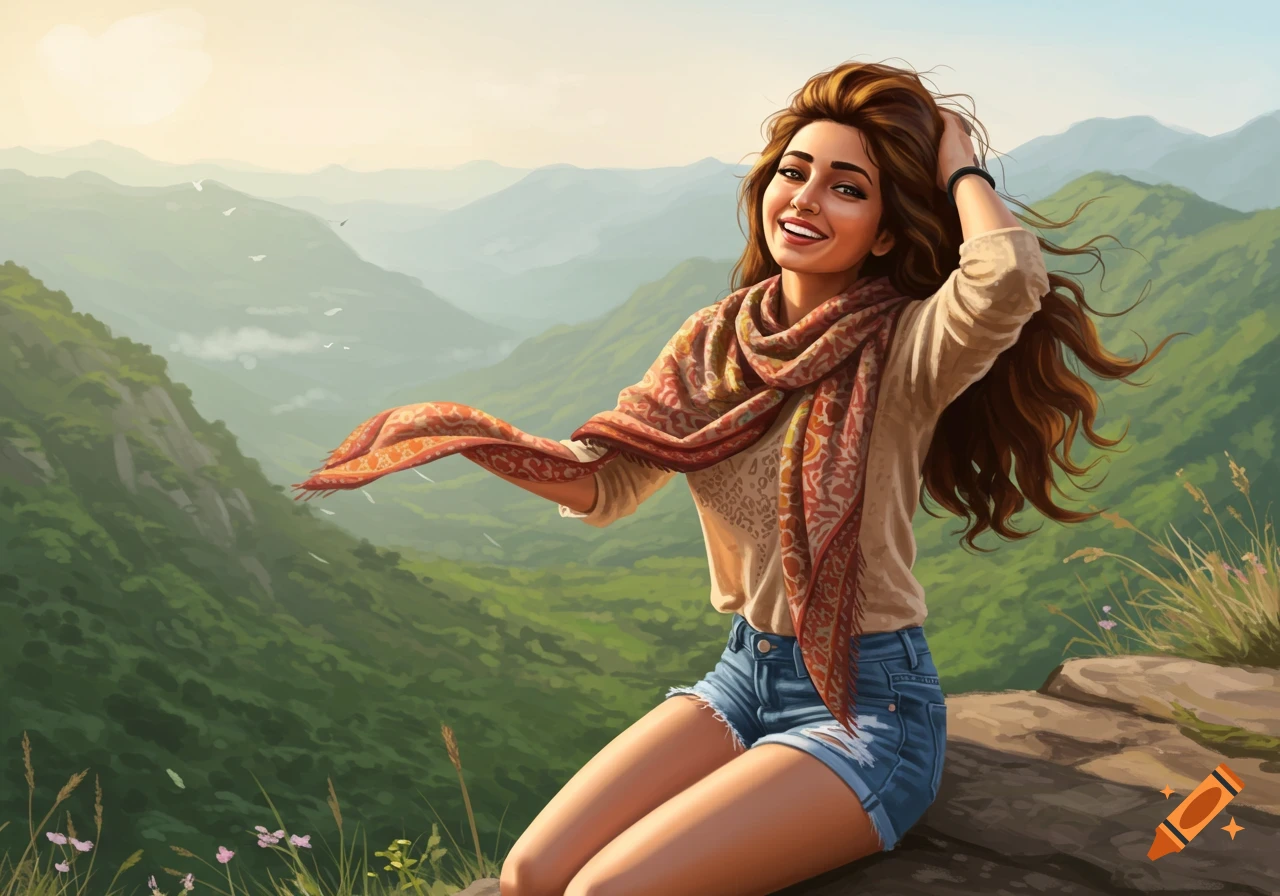 A smiling young woman in denim shorts and a scarf sits on a rock, with lush green mountains in the background under a bright sky, in a vibrant illustration style.