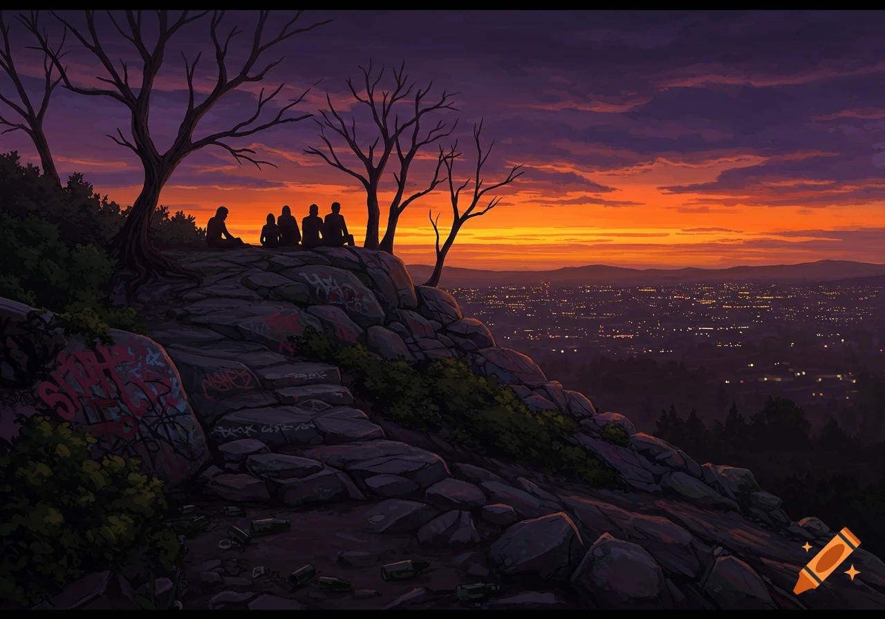 Digital illustration of silhouetted people on a rocky hill, overlooking a city at sunset with an orange and purple sky.