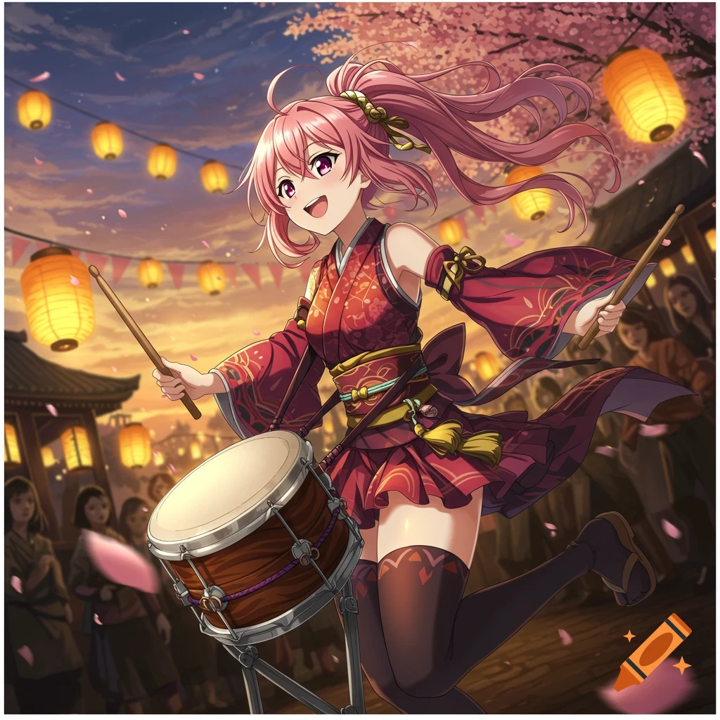 Anime girl playing a drum at a vibrant evening festival with lanterns and falling cherry blossoms.