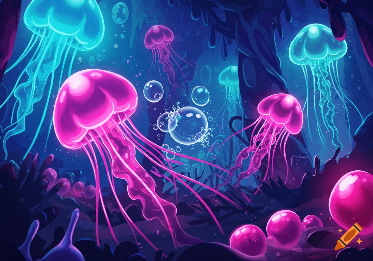 Vibrant pink and blue glowing jellyfish float in a dark, fantastical underwater scene with bubbles and glowing flora.