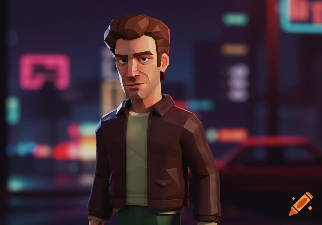A low-poly depiction of Claude from GTA3, a man with brown hair, brown leather jacket, and green pants, against a blurry city night.
