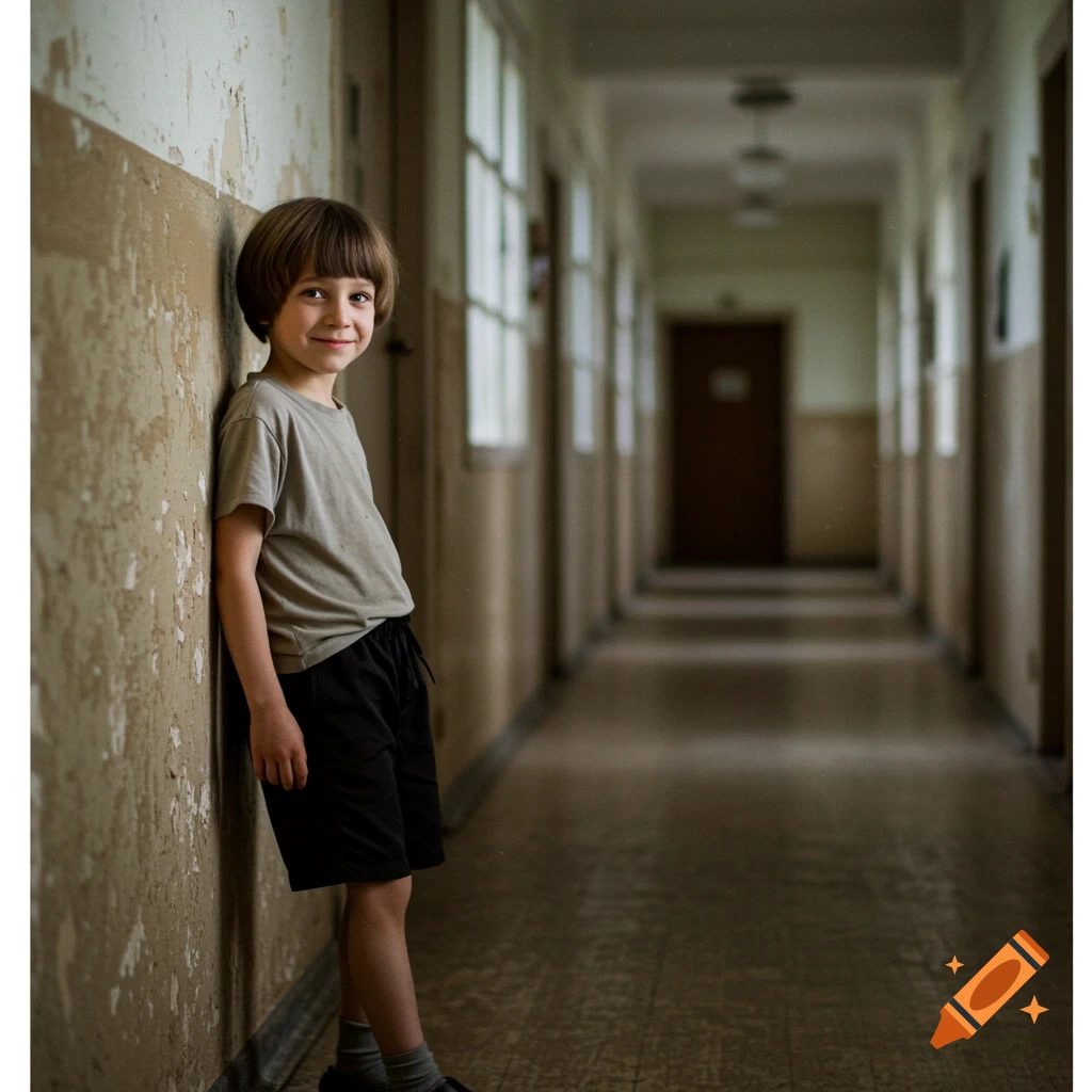 A young boy with a bowl cut and bangs smiles, leaning against a worn wall in a long, dim hallway with doors and windows.