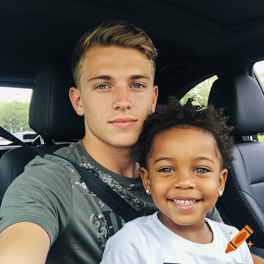 A young man with blonde hair and blue eyes takes a selfie in a car with a smiling child with curly dark hair and blue-green eyes.