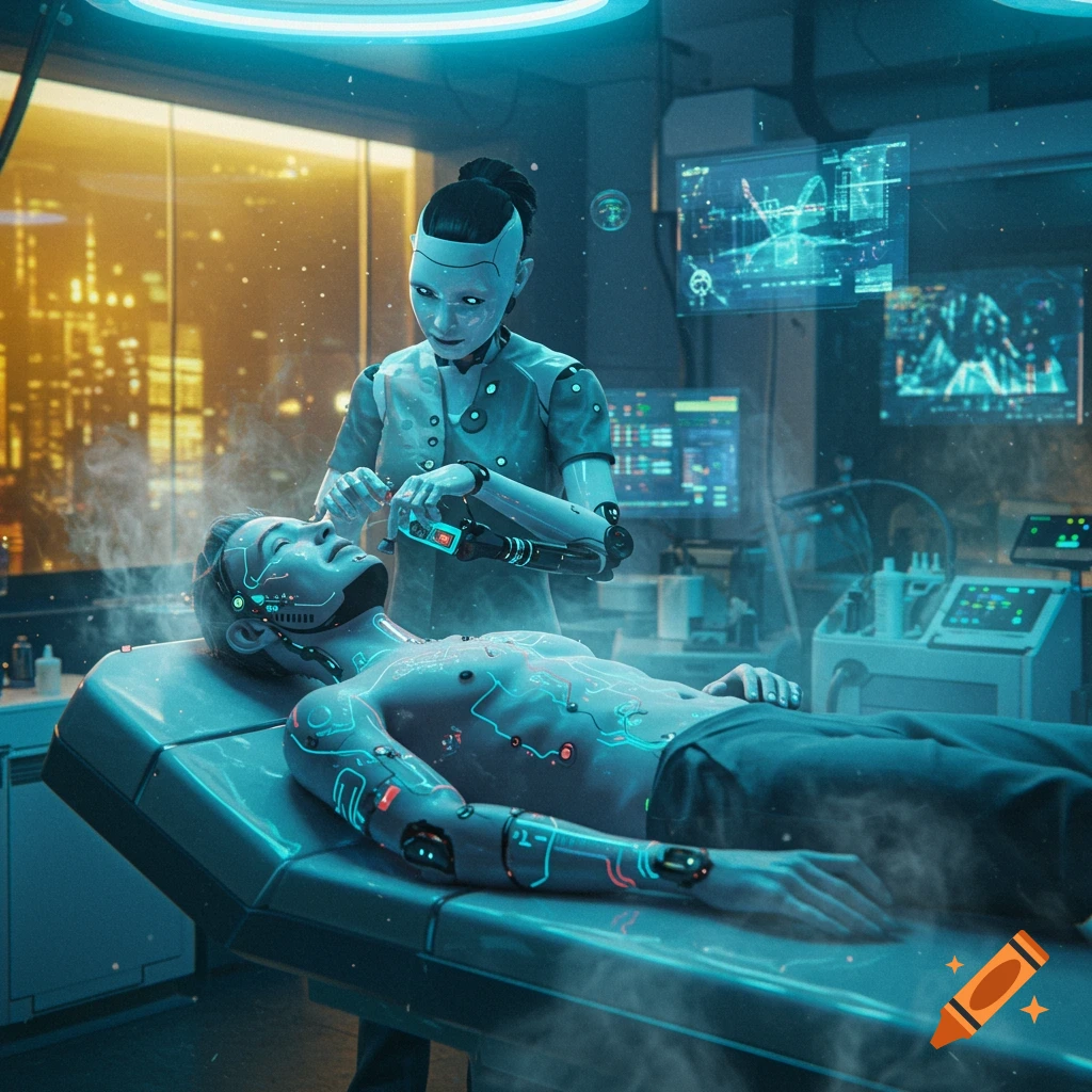 A humanoid robot attends to a person with glowing cybernetic implants lying on a medical table in a neon-lit cyberpunk clinic.
