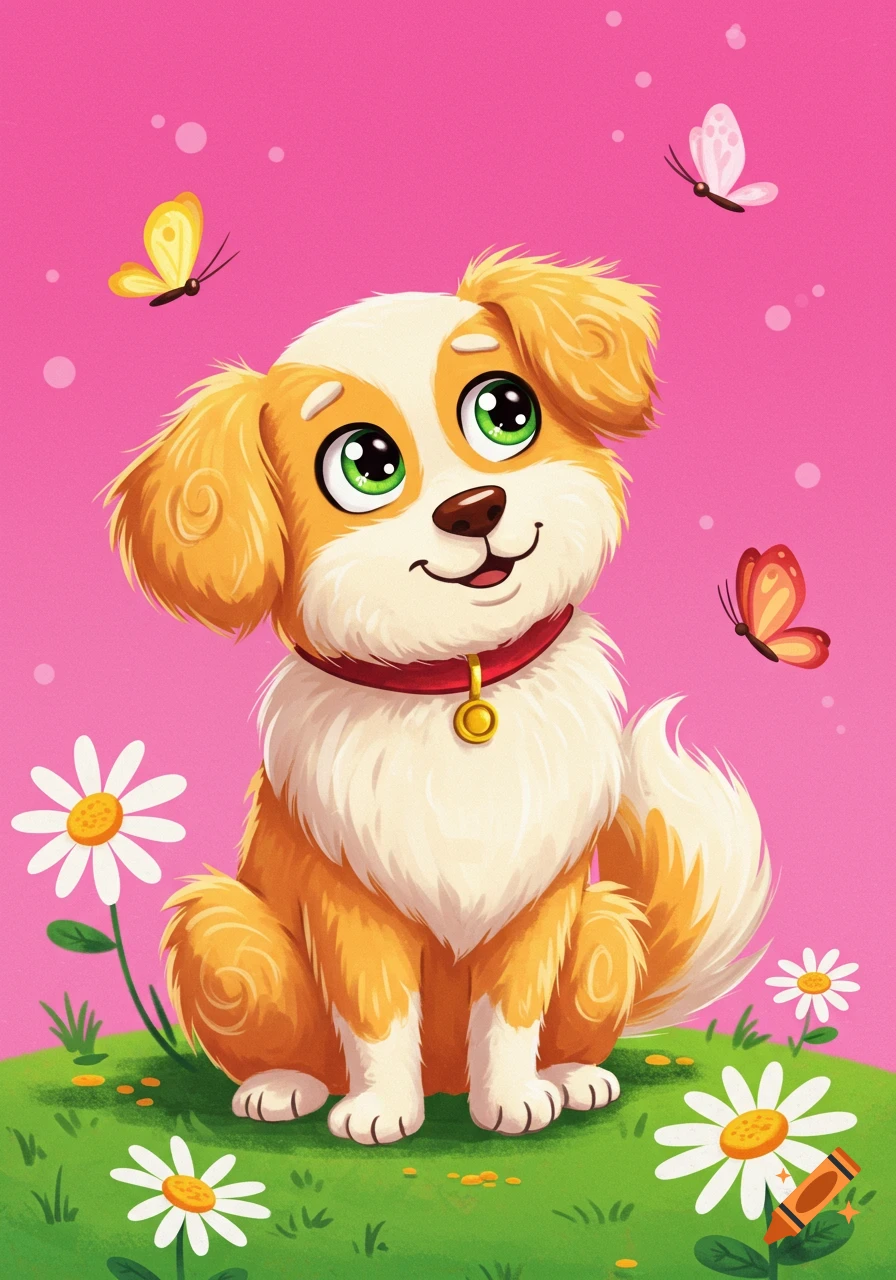 Cute cartoon dog with large green eyes, a red collar, sitting in a field of daisies with butterflies on a pink background.
