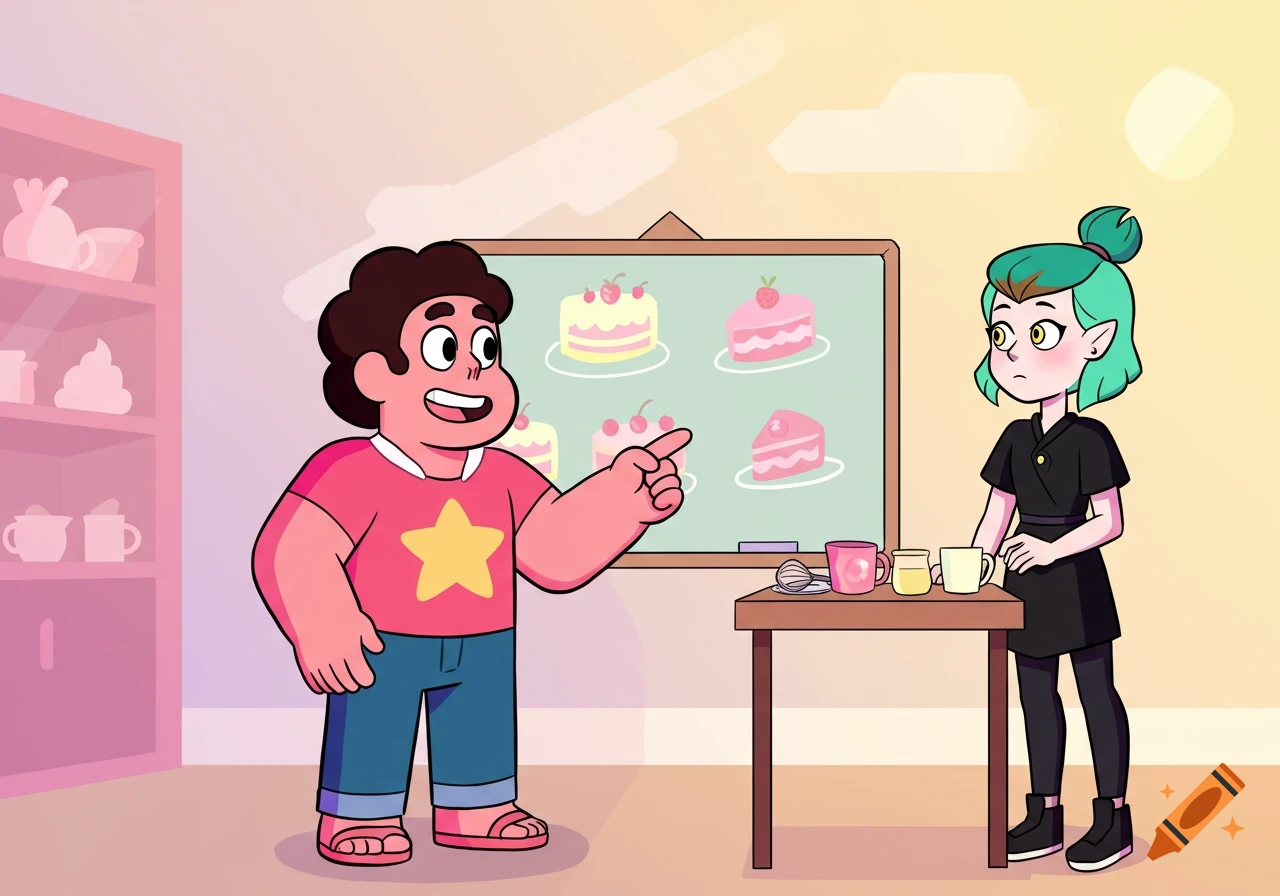 Cartoon Steven Universe teaches Amity Blight how to bake, pointing at illustrated cakes on a blackboard as she stands with ingredients.