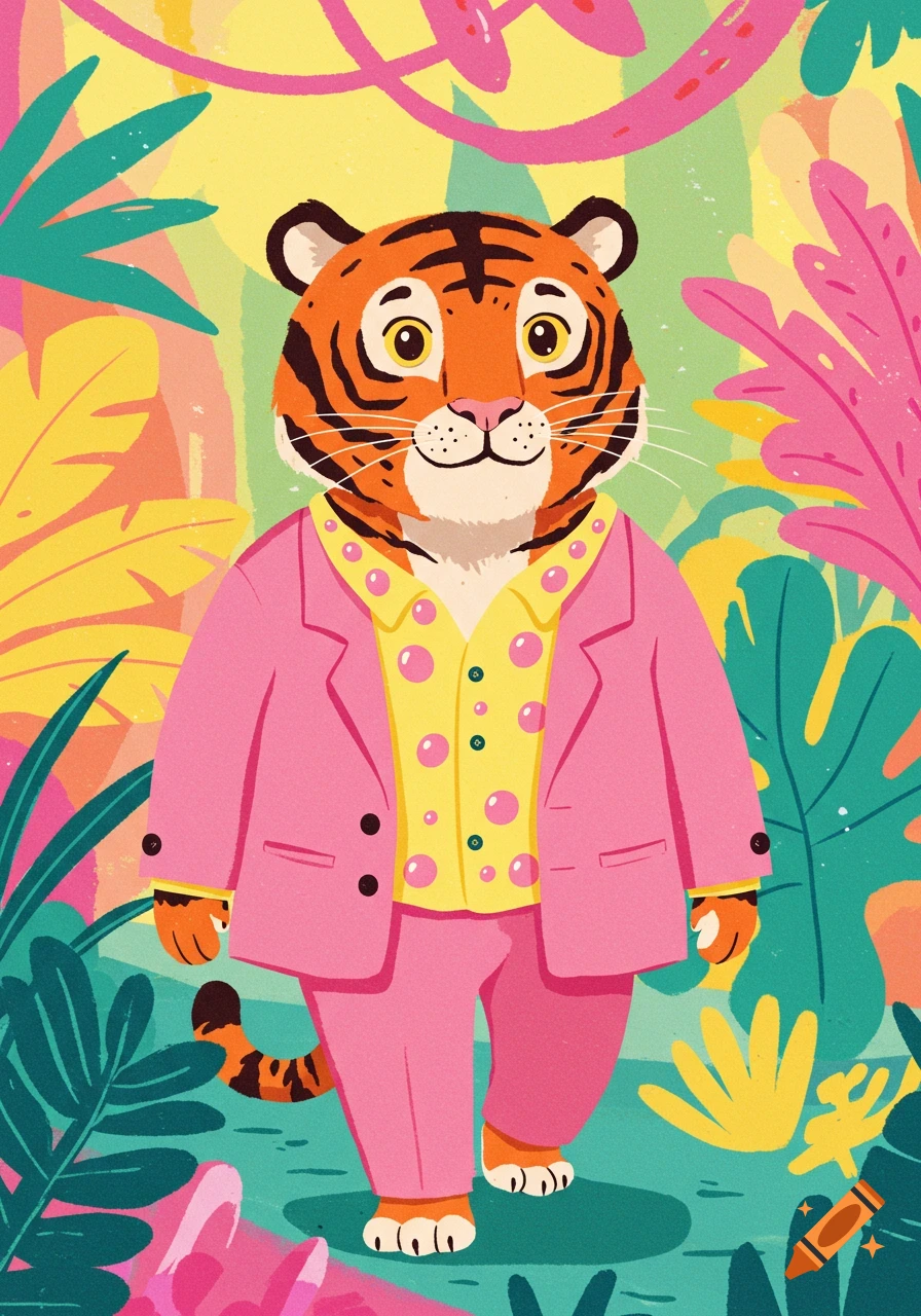 A cartoon tiger wearing a pink suit and a yellow polka dot shirt walks through a vibrant jungle.