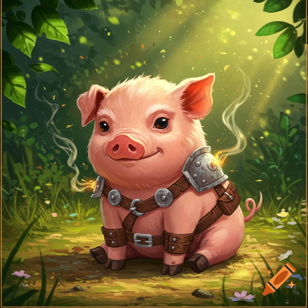 A cute cartoon piglet wearing small fantasy armor sits in a sunlit forest clearing, with magical wisps around its shoulders.