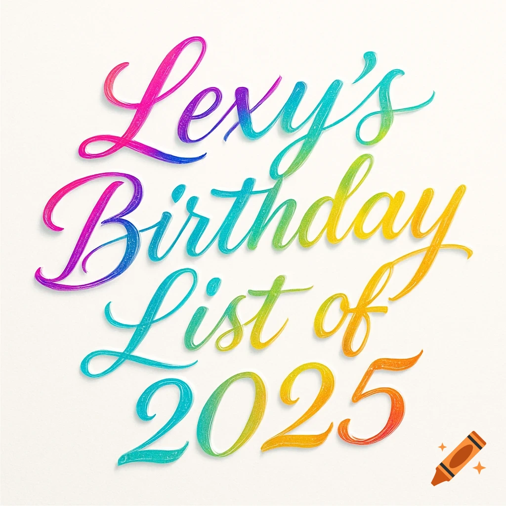 Rainbow gradient cursive text reading 'Lexy's Birthday List of 2025' on a white background.