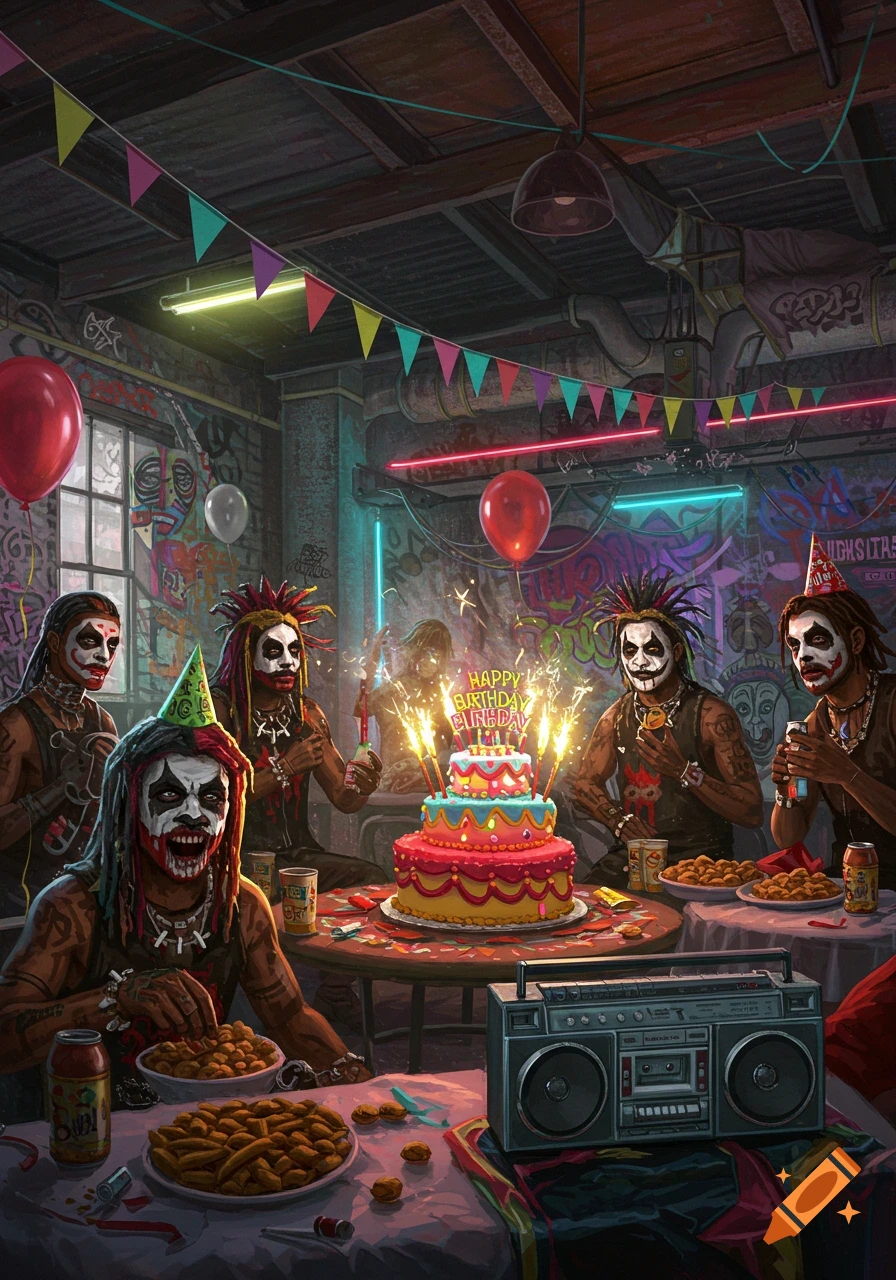 A group of Juggalos with face paint celebrate a birthday in a graffiti-filled room with a cake, sparklers, balloons, and food.