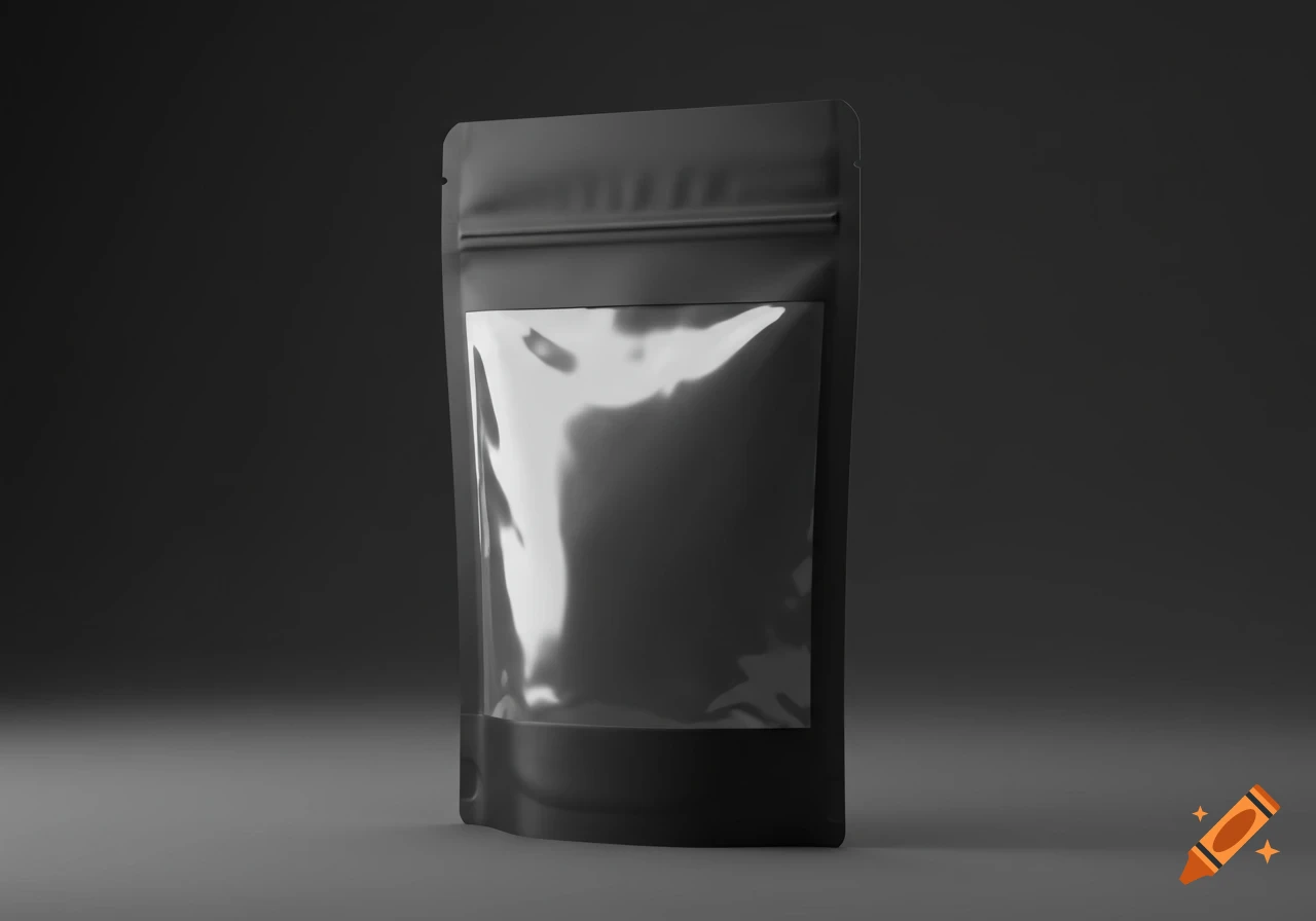 Sleek black stand-up pouch with a clear front window, photographed against a dark grey background.