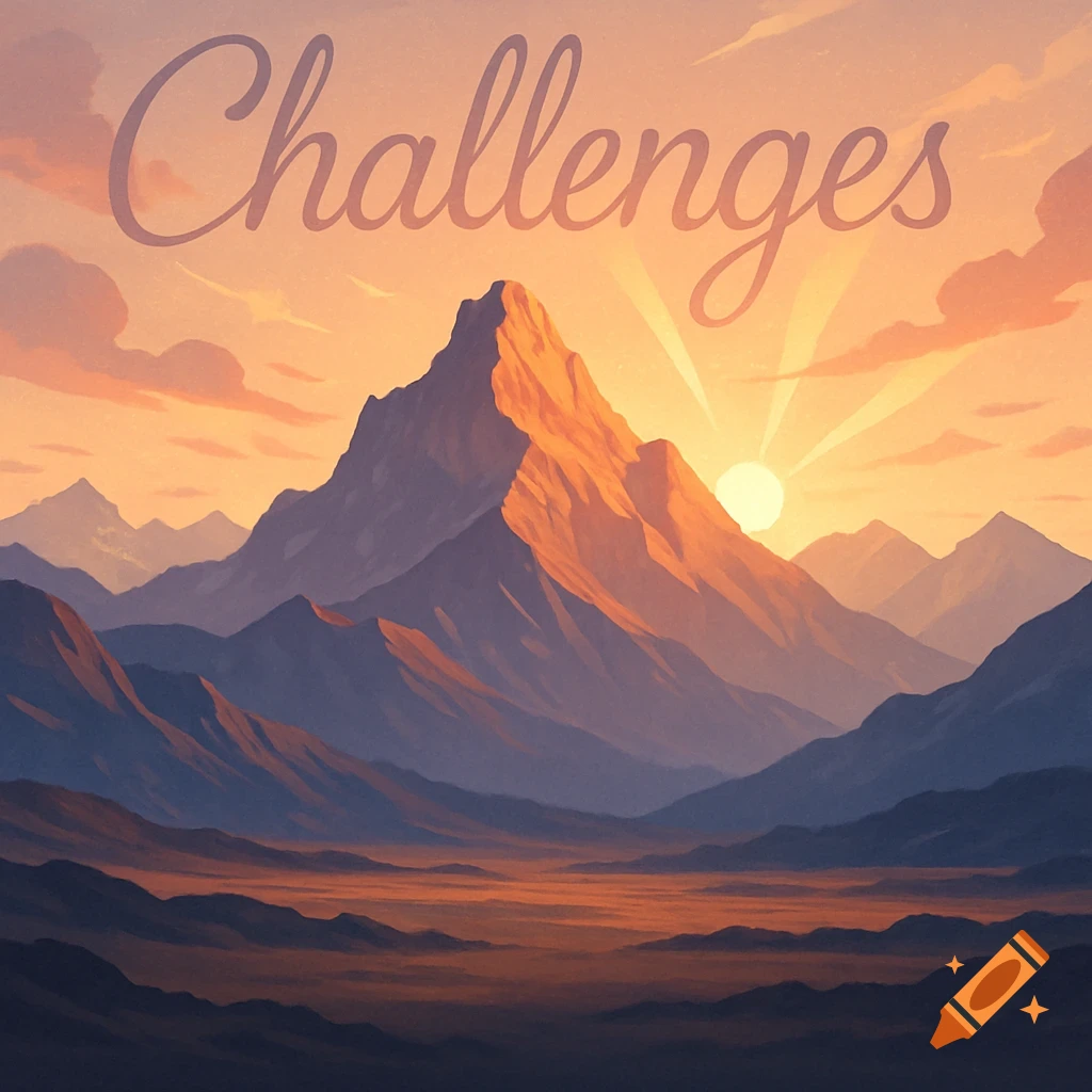 Stylized illustration of a mountain range at sunrise with the word 'Challenges' written in the sky.