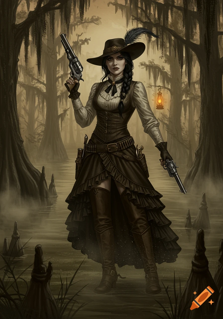 A stern woman in a wide-brimmed hat and dark Western attire stands in a swamp, holding two revolvers.