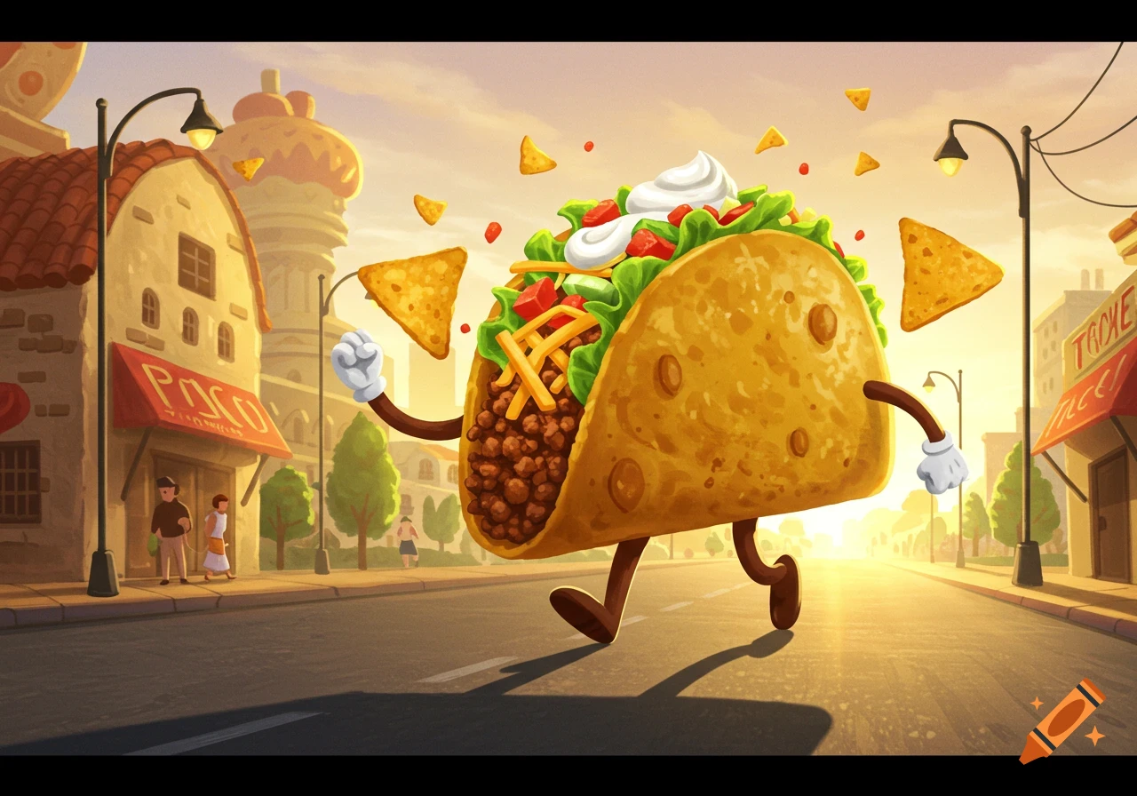 A whimsical cartoon taco character, filled with meat and toppings, walks happily down a city street at sunset, holding a tortilla chip.