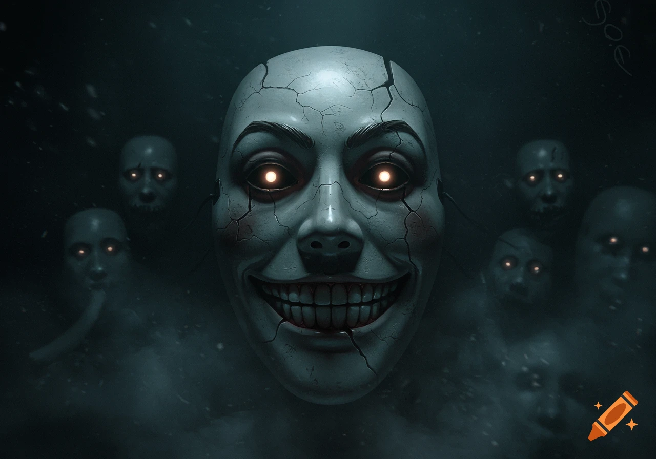 A cracked, smiling mask with glowing orange eyes in a dark, smoky setting, surrounded by blurry, featureless masks.