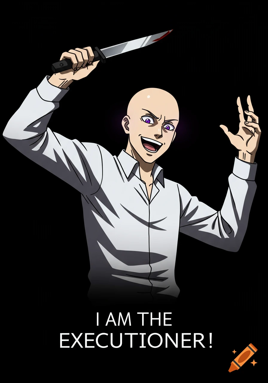 Anime drawing of a bald man with a crazed smile holding a bloody knife, with "I AM THE EXECUTIONER!" text on a black background.