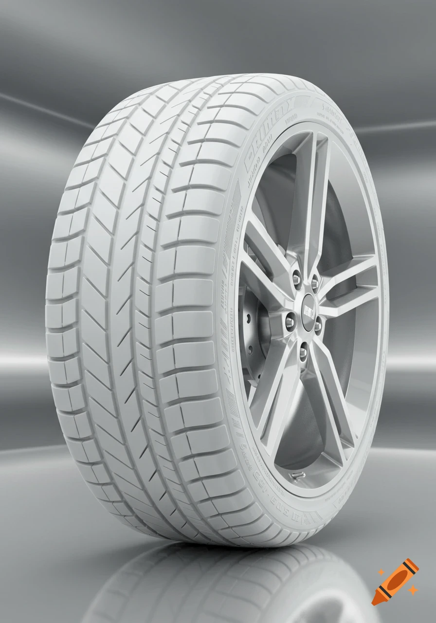 A pristine white car tire mounted on a silver multi-spoke wheel, set against a reflective gray background.
