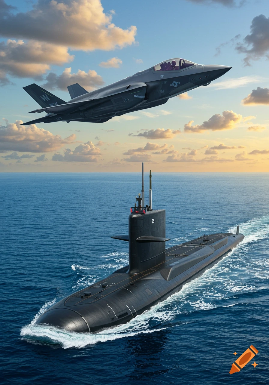 A modern grey F-35 fighter jet flies above a black submarine with the number 53 on its sail, both moving through a blue ocean under a partly cloudy sky at sunset.