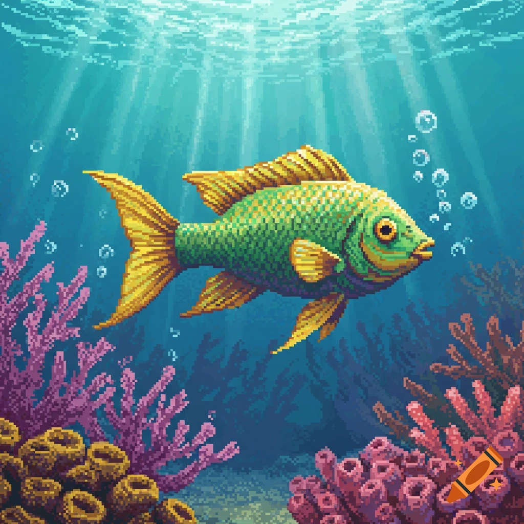 A vibrant green and yellow pixel art fish swims in clear blue water, surrounded by colorful coral and bubbles, with sunrays from above.