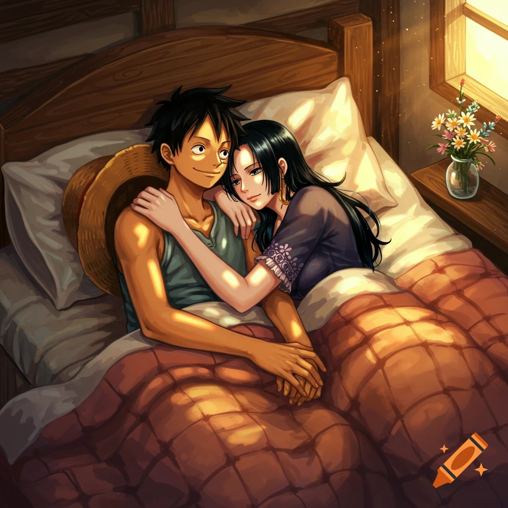 Anime illustration of Luffy and Hancock from One Piece cuddling together in bed, illuminated by warm morning light.