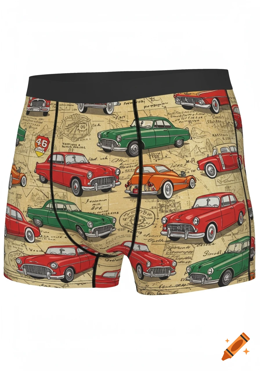 Illustrated classic cars on a map background cover boxer briefs with a black waistband.