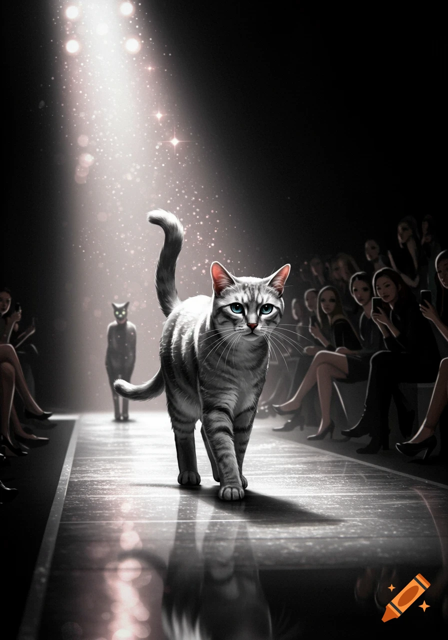 A grey tabby cat with blue eyes walks down a brightly lit fashion runway, with an audience seated in the dark on both sides.