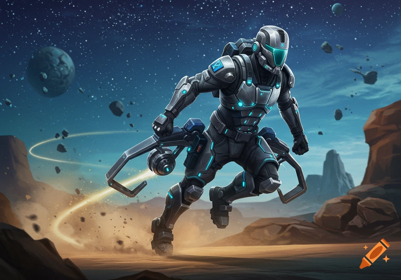 Futuristic soldier in grey and blue armor running on an alien planet with asteroids and a large planet in the starry sky.