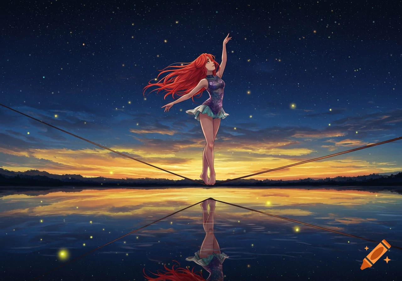 Red-haired anime girl dancing on a tightrope over a lake reflecting a starry night and sunset, in anime art style.