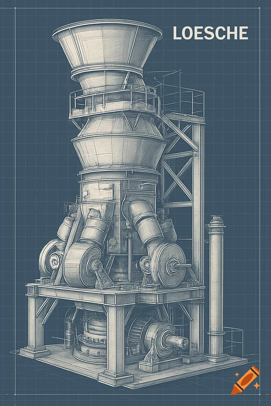 Blueprint style drawing of a large industrial LOESCHE mill on a grid background.