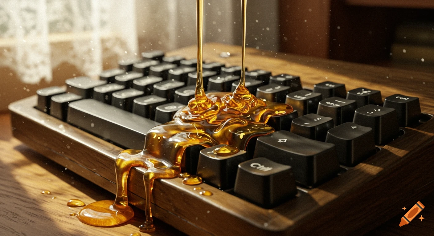Photorealistic image of golden honey pouring and dripping onto a black mechanical keyboard with a wooden frame.
