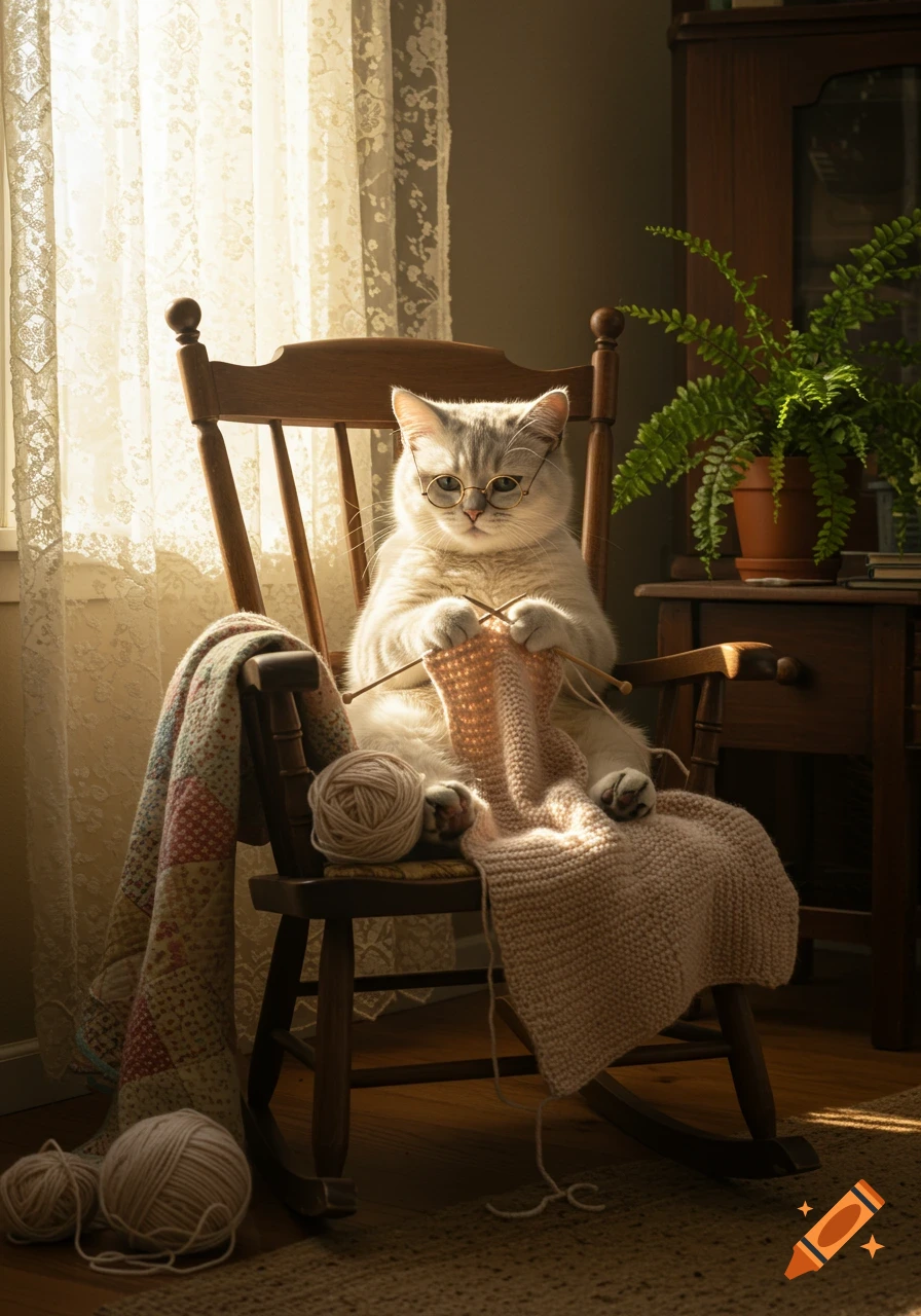A photorealistic image of a cat wearing glasses, sitting in a rocking chair by a sunny window and knitting.