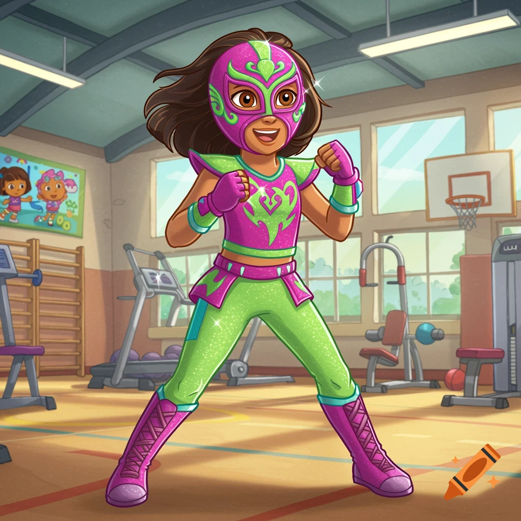 Cartoon girl in a pink and green wrestling mask and outfit poses in a gym. Bright illustration style.