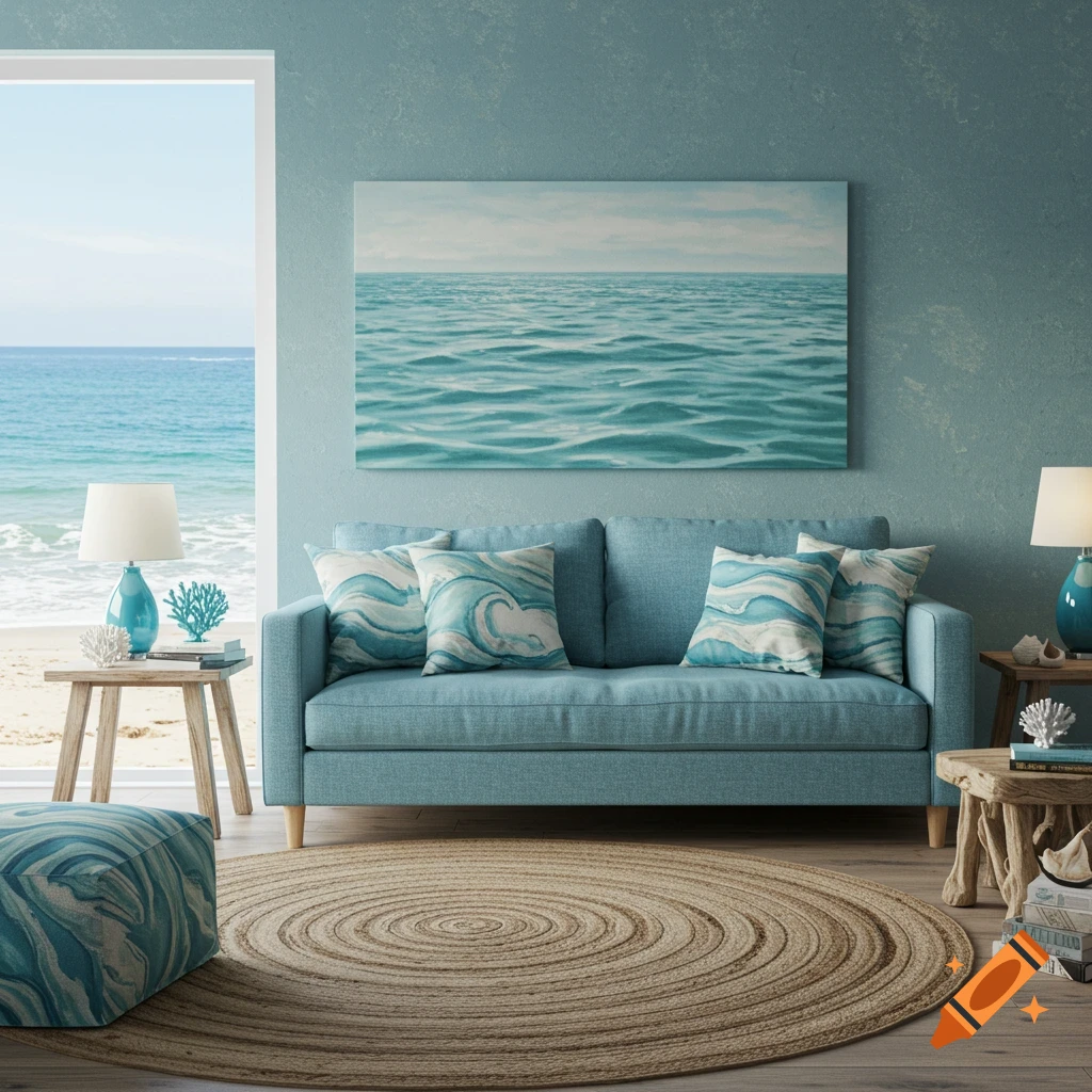 A stylish living room with a blue sofa and ocean-themed decor, overlooking a sandy beach and the sea.