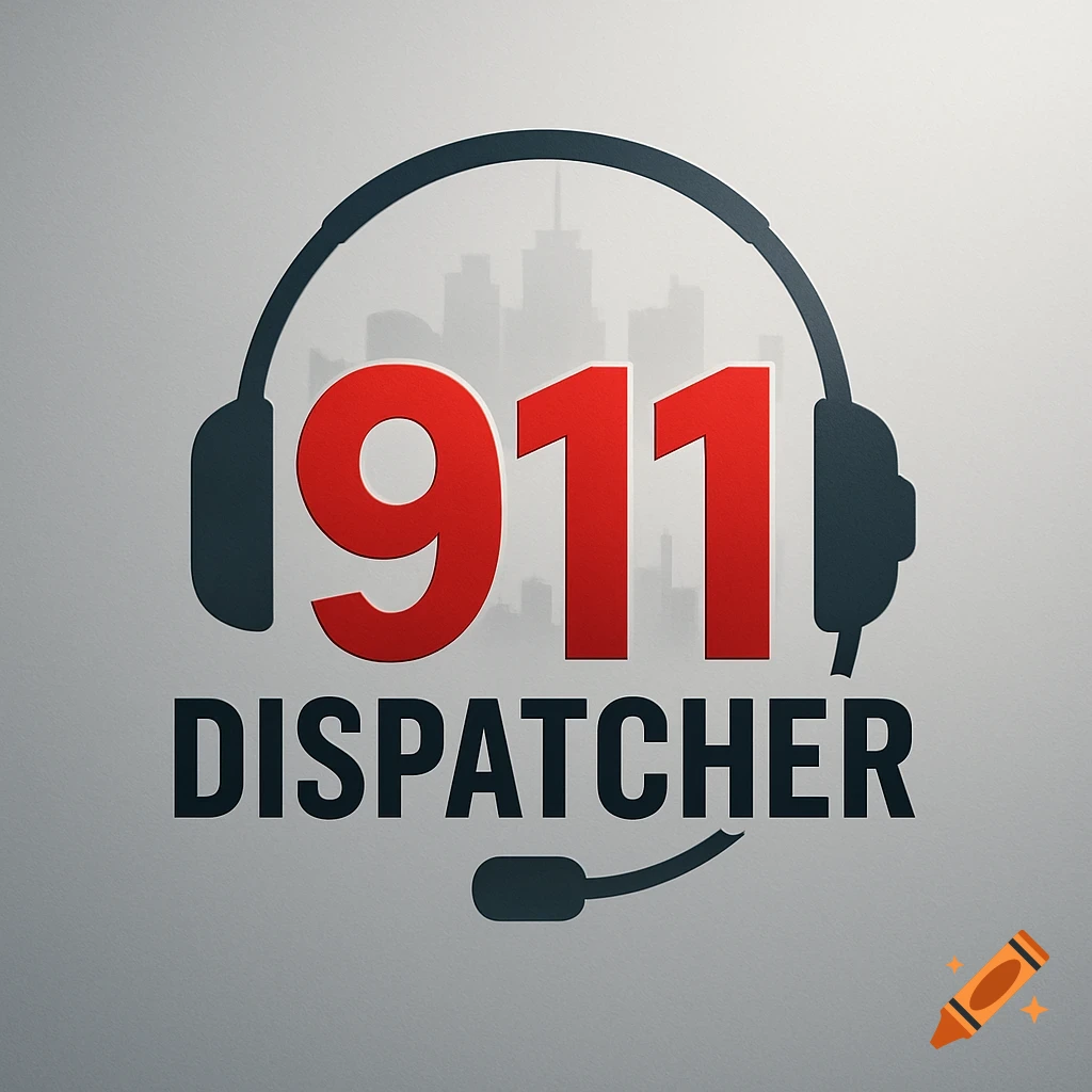 A logo for 911 Dispatcher with red '911' numbers, black 'DISPATCHER' text, a headset icon, and a subtle city skyline background.