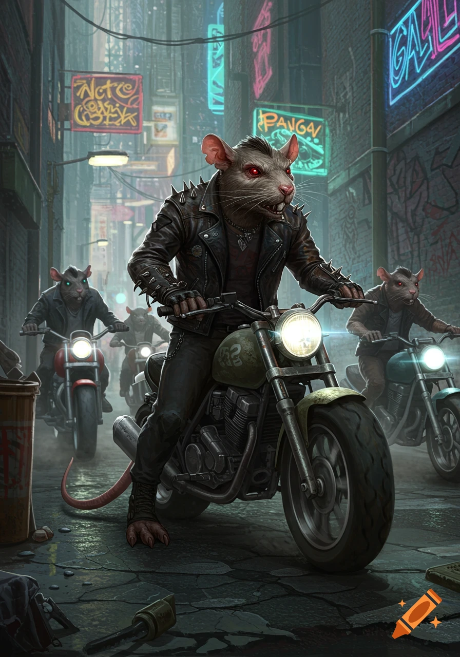 A gang of anthropomorphic rats with red glowing eyes ride motorcycles down a neon-lit, grunge city street at night in a detailed, illustrative style.